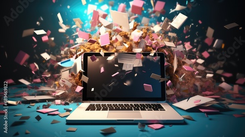 Documents and folders flying out of a laptop screen, Explosion. photo