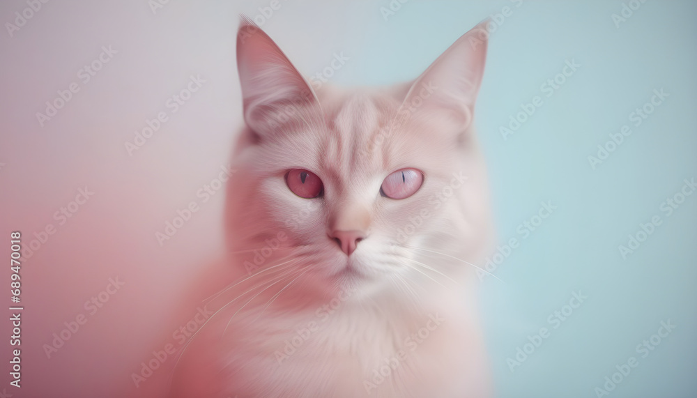 a close up of elegant Cat photoshoot, in the style of analogue filmmaking, negative colors, light blue and light crimson, closeup portrait shot. 