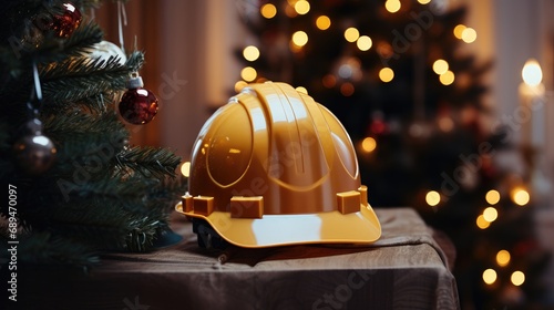 Close-up builder's helmet on a Christmas tree. photo