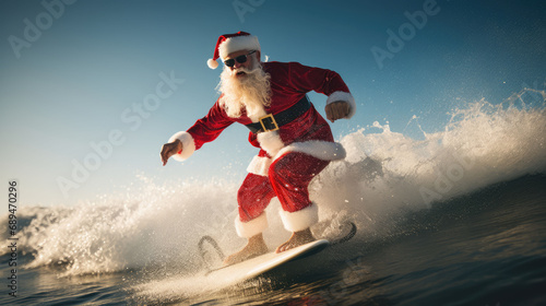 Santa Claus on surf board in ocean. Santa Claus on vacation. Surfing Santa. Santa goes Surfing.