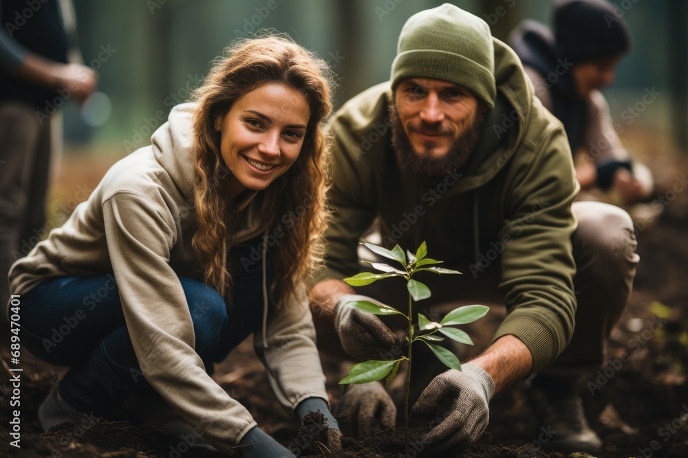 Happy Couple Planting Trees Together in a Community Garden. Happy Couple Planting Trees Together in a Community Garden.