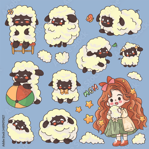 Vector cute cartoon little sheep and girl set
