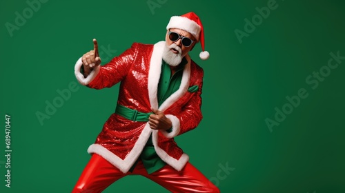Portrait of funny crazy hipster Santa Claus in red hat fun Christmas x-mas party celebrate New year time dance on green background.