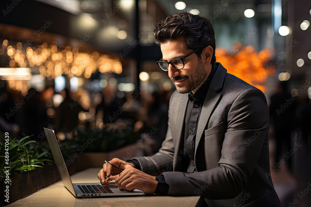 Busy business man, project manager working on laptop in an office. generative ai Busy business man, project manager working on laptop in an office. generative ai