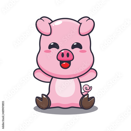 Cute pig sitting cartoon vector illustration. 