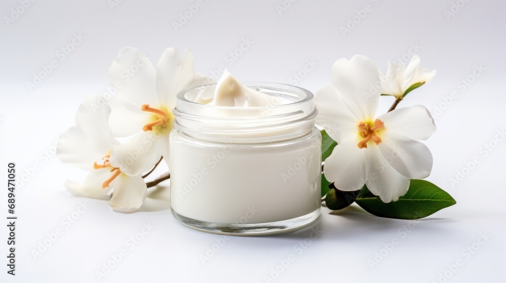 whitening and moisturizing Face cream in an open glass jar and flowers on white background. Set for spa, skin care and body products and solutions for skin problems such as scars, acne, wrinkles. whitening and moisturizing Face cream in an open glass jar and flowers on white background. Set for spa, skin care and body products and solutions for skin problems such as scars, acne, wrinkles.
