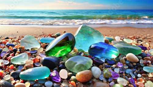 gemstones and sea glass glisten on the sandy beach  showcasing nature s hidden treasures by the shore