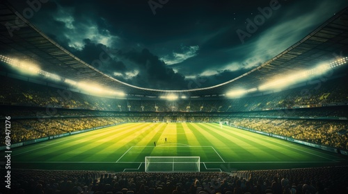 Soccer inside stadium in yellow green theme lights.