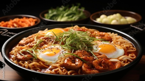 Ancient food, Korean instant noodle and Tteokbokki in Korean spicy sauce.
