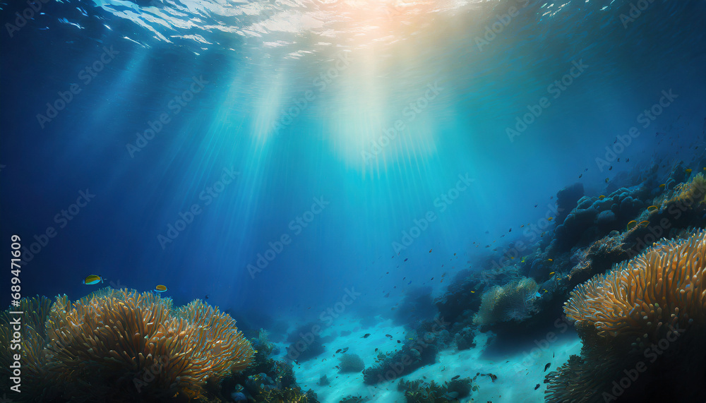 Naklejka premium Vivid abstract underwater scene: sunlight piercing through ocean depths, creating a mesmerizing, defocused backdrop