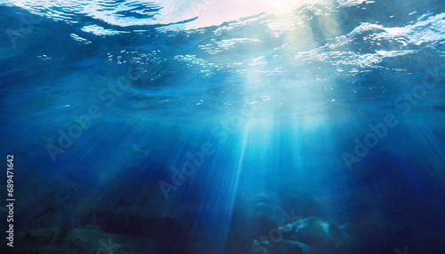 Vivid abstract underwater scene  sunlight piercing through ocean depths  creating a mesmerizing  defocused backdrop