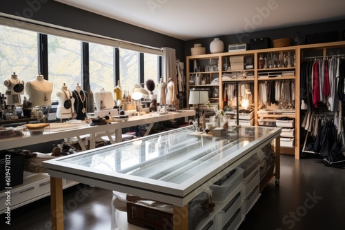 large glass table, mannequins, shelves, and cabinets filled with fabric and sewing supplies
