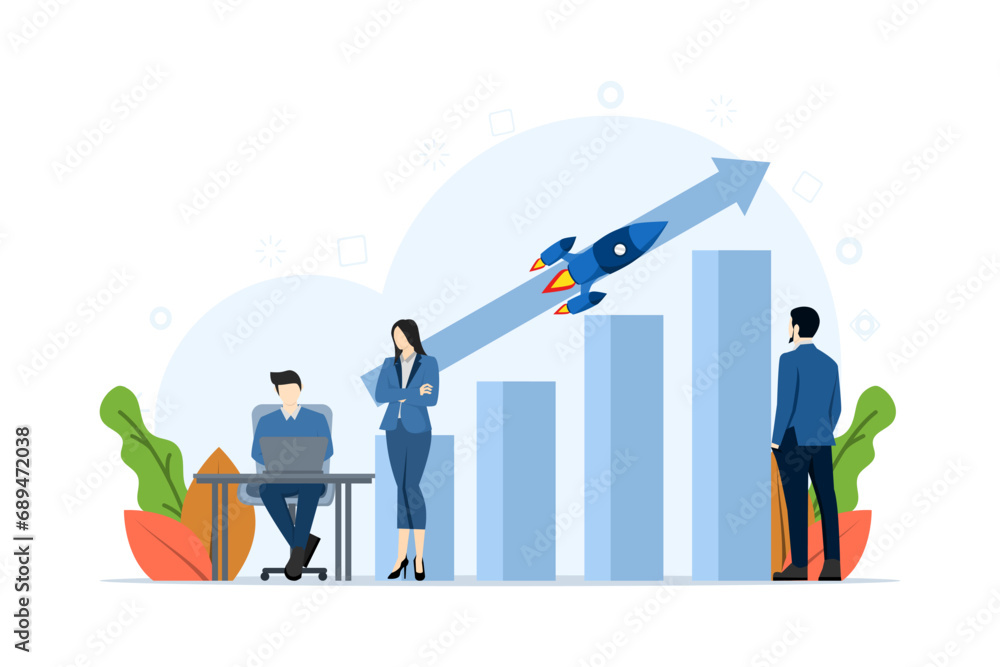 profit concept, startup manager analyzes sales growth graph. Group of workers with stacks of cash, rockets, bar chart with arrows and stacks of money. For business success, marketing.