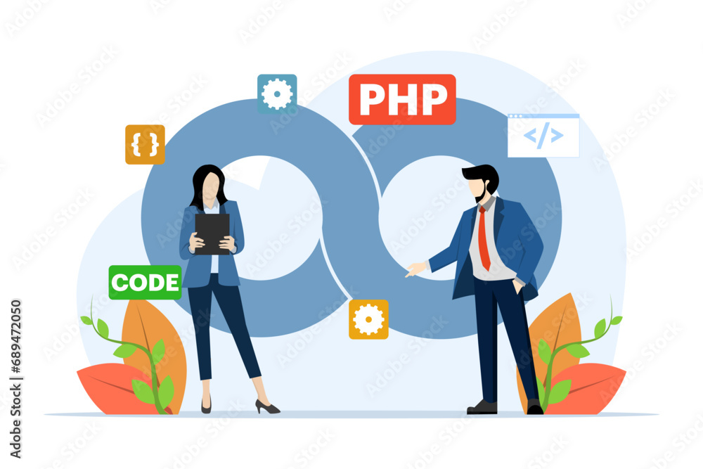 software development and operations programmer practice concept, DevOps methodology, technical support, automation process, software development and operations template vector flat illustration. software development and operations programmer practice concept, DevOps methodology, technical support, automation process, software development and operations template vector flat illustration.