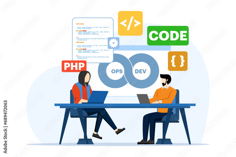 software development and operations programmer practice concept, DevOps methodology, technical support, automation process, software development and operations template vector flat illustration. software development and operations programmer practice concept, DevOps methodology, technical support, automation process, software development and operations template vector flat illustration.