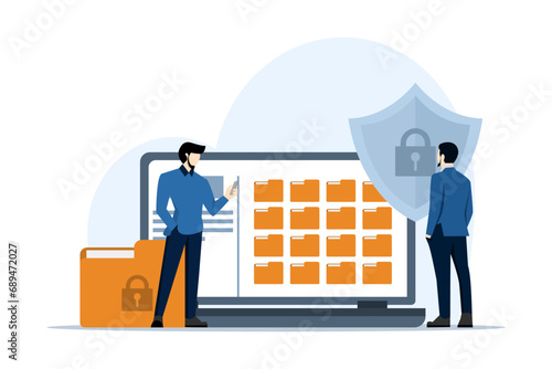 Data protection concept, file security and access rights, Folder, folder and shield with lock icon, Data Privacy, Consent Management, Personal Data Protection, modern flat design graphic element.