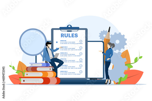 Company policy concept, People discussing company rules and regulations, Agreement, Company law and business ethics, Compliance, for web design, infographics, landing pages, social media, apps.
