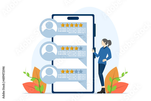 customer review rating and feedback concept. characters provide five-star feedback and voice satisfaction ratings on the smartphone app. Flat vector illustration isolated on white background.