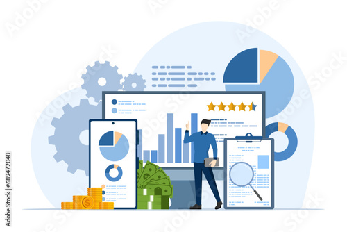 business and financial analyst, business audit, growth and results, finance. Businessman with computer looking at graphs to analyze growth, Statistics. monitor financial and investment reports.