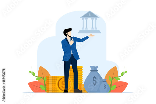 Economy and business concept. Businessman saving money concept. Money management, economic challenges, balance or reliability. Copy space for design or text. Flat style vector illustration