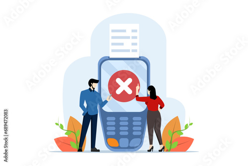 Payment error concept. Non-cash NFC payment transaction cancelled. Payment terminal with cross check mark. Payment failed, try again. Vector illustration on white background