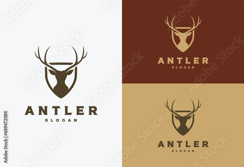 Classic Vintage Antlers Deer Face for Wildlife Hunting Logo Design.