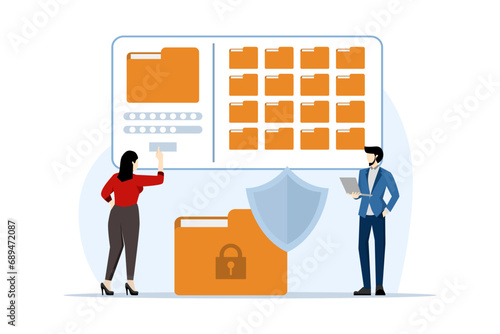 Data protection concept, file security and access rights, Folder, folder and shield with lock icon, Data Privacy, Consent Management, Personal Data Protection, modern flat design graphic element.