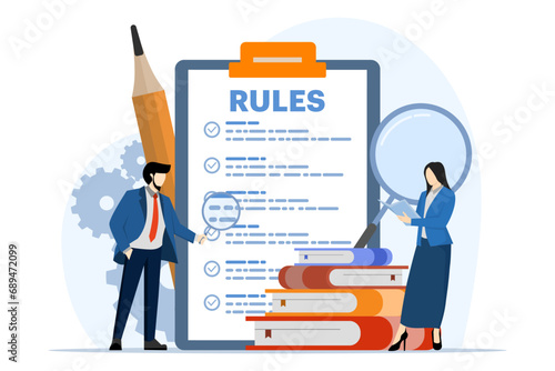 Company policy concept, People discussing company rules and regulations, Agreement, Company law and business ethics, Compliance, for web design, infographics, landing pages, social media, apps.