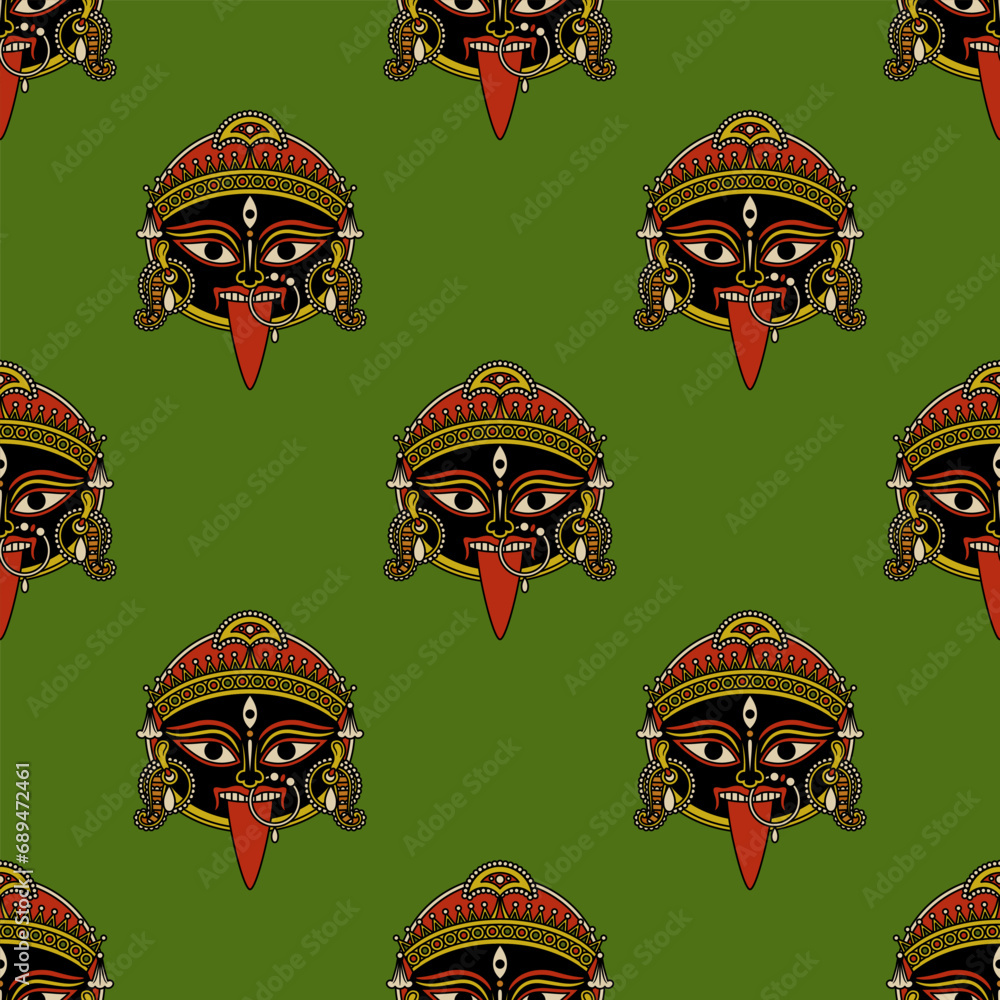 Seamless ethnic pattern with of heads of goddess Kali. Hindu masks. Indian female deity of destruction. On green background. Seamless ethnic pattern with of heads of goddess Kali. Hindu masks. Indian female deity of destruction. On green background.