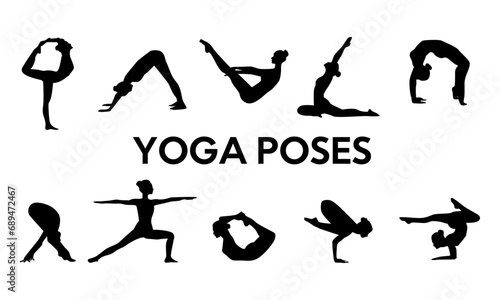 YOGA POSES detailed vector and silhouettes set black and white