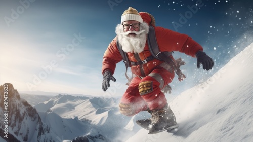 Santa Claus on snowboard in mountains. Santa Claus on vacation. Surfing Santa. Santa goes snowboarding.