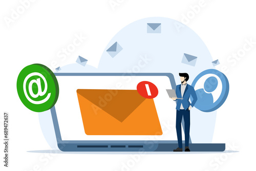 Email marketing concept, new email notification on laptop computer screen flat vector illustration, direct digital marketing, unread message reminder, for web banner, landing page, infographic.