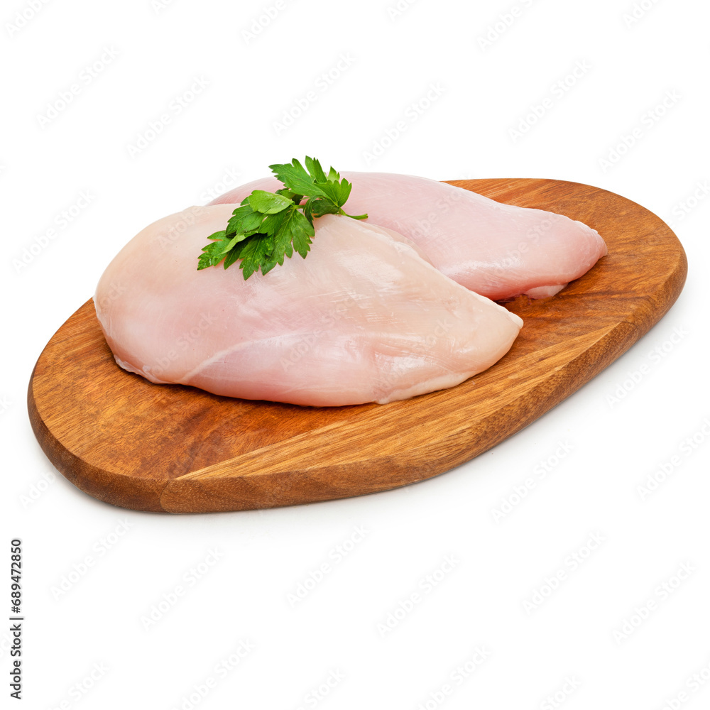 Fresh chicken meat, chicken breast, on a wooden board, on a white background, isolate