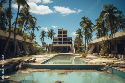 Swimming pool surrounded by palm trees in front of an abandoned hotel
