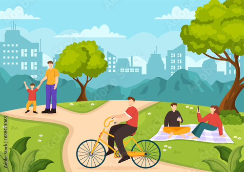 Outdoor Activity Vector Illustration with Relaxing on a Picnic, Leisure Activities at Weekend and Active Recreation in Flat Cartoon Background Design © denayune