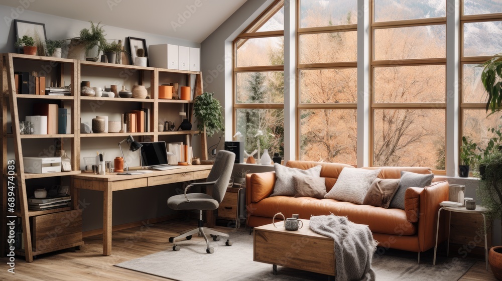 cozy living room with a couch, desk, and shelves, perfect for working from home, studying, or simply relaxing cozy living room with a couch, desk, and shelves, perfect for working from home, studying, or simply relaxing