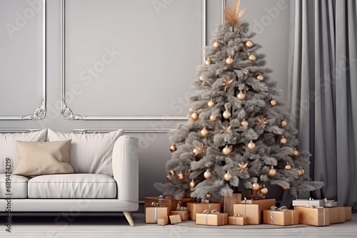 Festive magic. Beautifully decorated christmas tree in cozy room. Warm and bright. Holiday celebrations in modern interior. Xmas decor in stylishly designed living space © Wuttichai