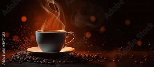 Coffee Day poster with hot cup on dark background