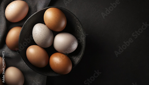 Brown and white eggs in a black colander, black background, gray cloth
