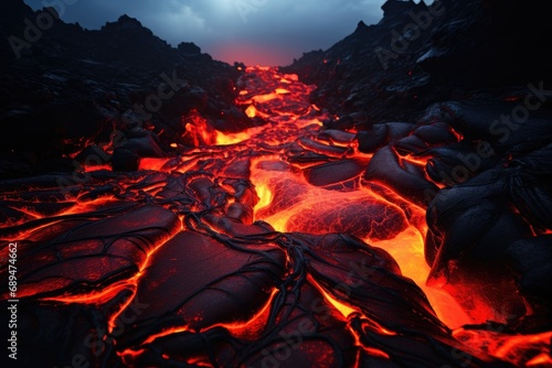 fiery red lava flow, its molten surface cascading down a barren black landscape