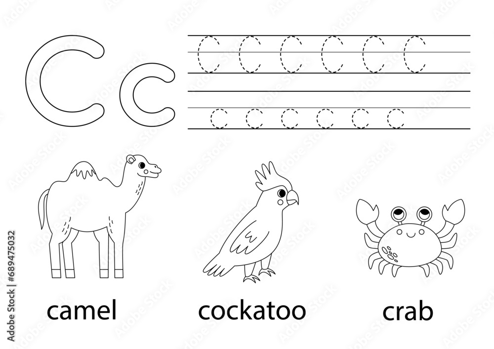 Fototapeta premium Trace uppercase and lowercase letter C. Animal alphabet for kids.