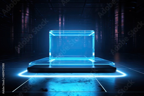 glass box with a blue light behind it, creating a mysterious and ethereal glow photo