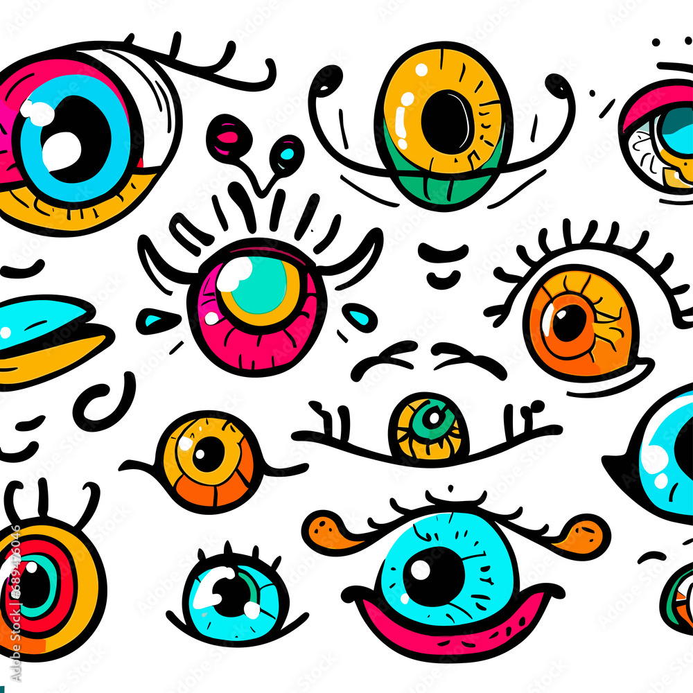 Explore the magic of diverse hues with these playful patterns showcasing colorful and expressive eye illustrations.