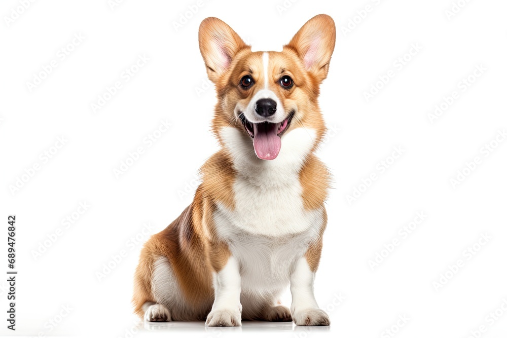 Cute corgi canine. Adorable brown and puppy poses happily in studio expressing playful joy and cheerful friendship on white background isolated