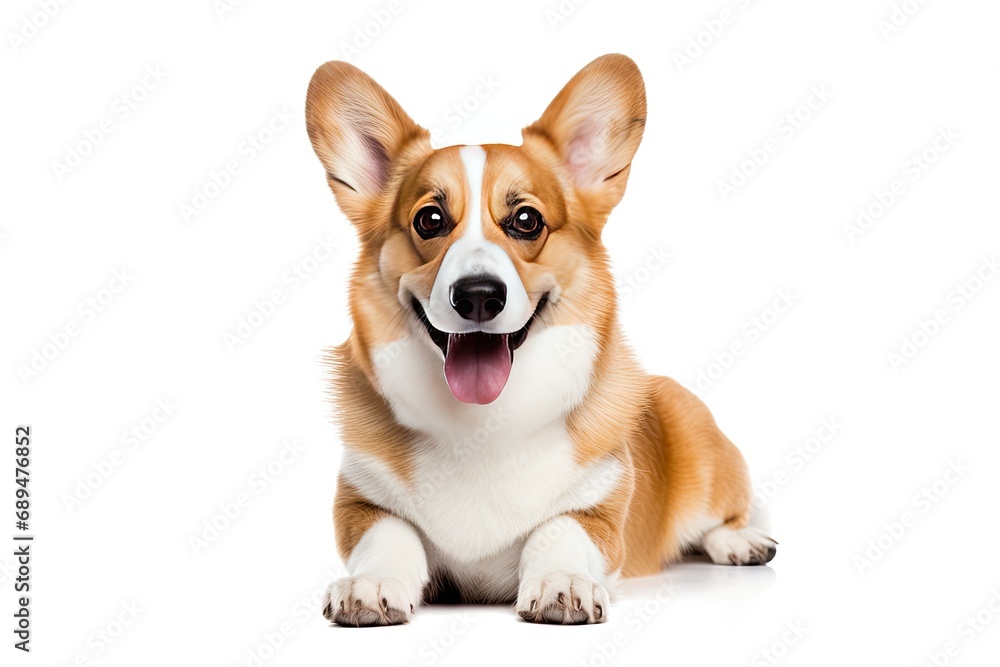 Cute corgi canine. Adorable brown and puppy poses happily in studio expressing playful joy and cheerful friendship on white background isolated Cute corgi canine. Adorable brown and puppy poses happily in studio expressing playful joy and cheerful friendship on white background isolated