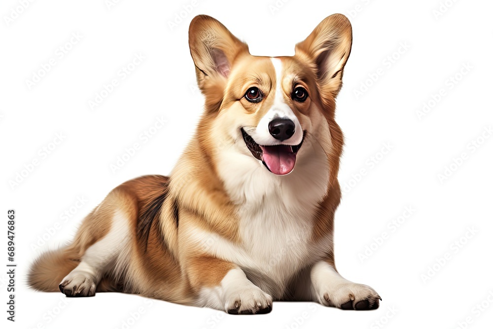 Cute corgi canine. Adorable brown and puppy poses happily in studio expressing playful joy and cheerful friendship on white background isolated