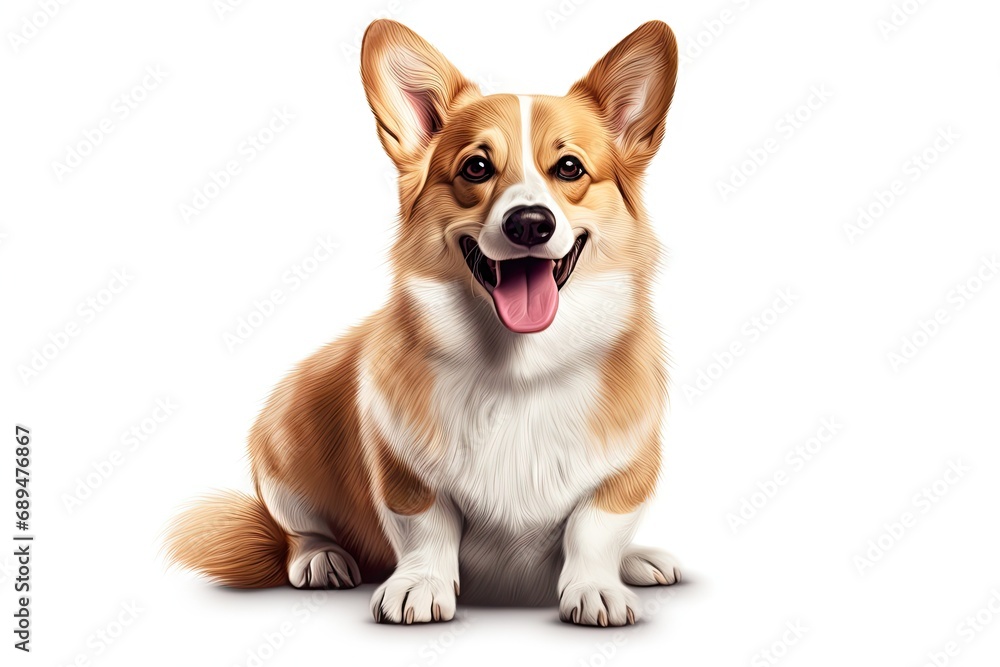 Cute corgi canine. Adorable brown and puppy poses happily in studio expressing playful joy and cheerful friendship on white background isolated