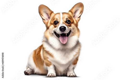Cute corgi canine. Adorable brown and puppy poses happily in studio expressing playful joy and cheerful friendship on white background isolated