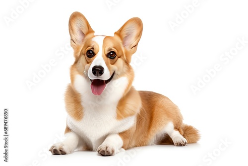 Cute corgi canine. Adorable brown and puppy poses happily in studio expressing playful joy and cheerful friendship on white background isolated