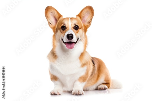 Cute corgi canine. Adorable brown and puppy poses happily in studio expressing playful joy and cheerful friendship on white background isolated